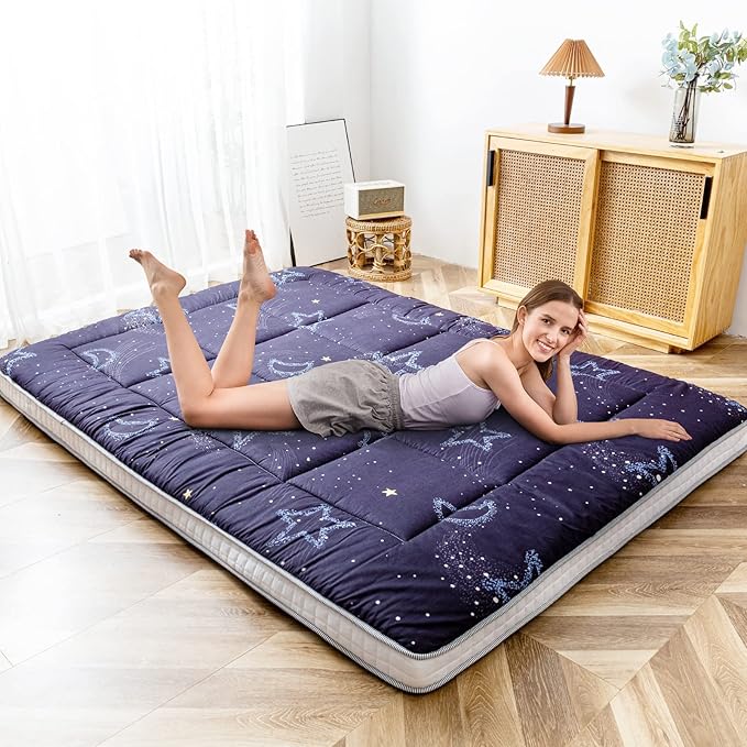MAXYOYO Japanese Moon and Star Full Size Futon Mattress, Blue, Plush, 54"W x 80"L x 4"H, Foldable, Breathable, Reinforced Support, Moon and Star Pattern, Bedroom, Floor, Guest Room, Tent, Teepee