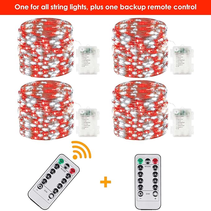 4-Pack 33FT 100 LED Fairy Lights Battery Operated with Remote Timer, Fairy Christmas String Lights for Bedroom Decor, Waterproof 8 Modes Twinkle Lights for Room Garden Party Wedding (Red and White)