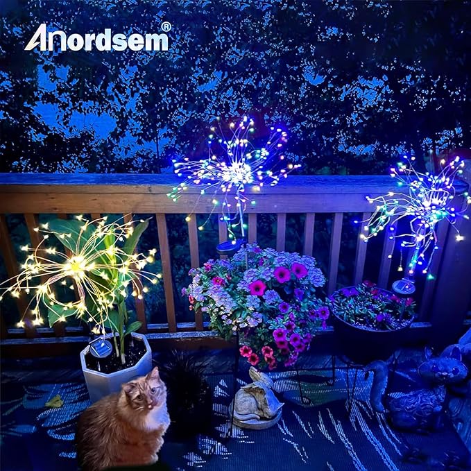 Anordsem Solar Lights Outdoor Decorative: Bendable Copper Wire with 120 LED Firework Beads - Waterproof 2 Colorful Lighting Modes Yard Garden Patio - Christmas Gifts for Homeowner Over 30