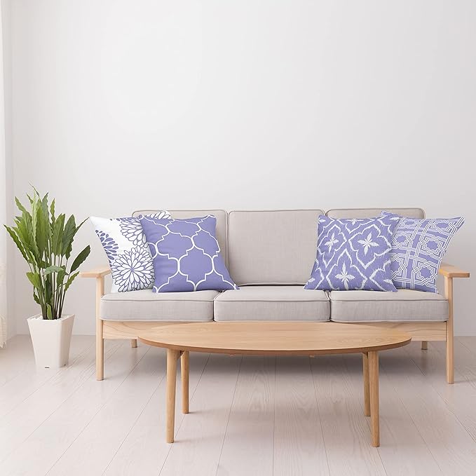 Ambesonne Vintage Throw Pillow Cushion Case Pack of 4, Monochrome Design Grid Trellis Quatrefoil Mesh and Dahlia Flowers Modern Print, Modern Accent Double-Sided Digital Printing, 18", Lavender White