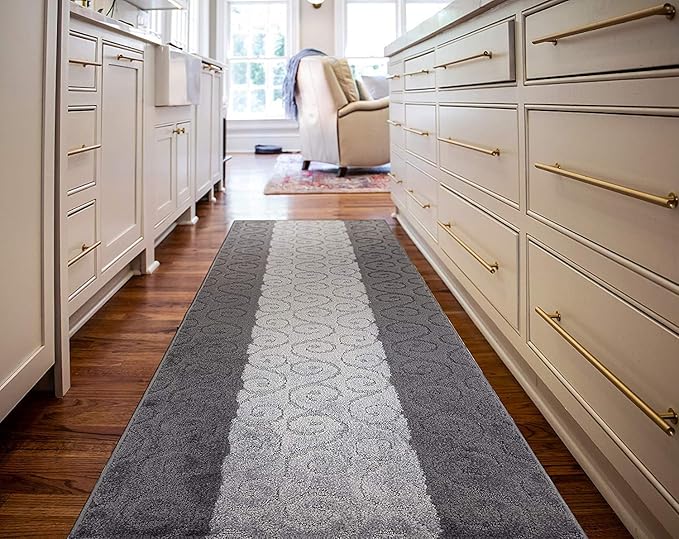Custom Size Modern Runner Rug Carpet for Hallway Entryway Foyer Kitchen, Slip Resistant Latex Rubber Backed 31 inch Wide X Customized Length, Scroll Grey, 31 inch X 13 feet