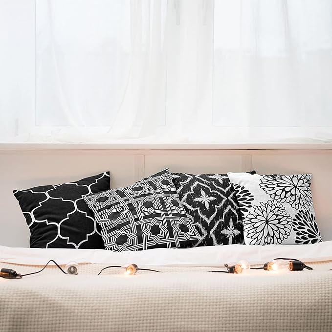 Ambesonne Vintage Throw Pillow Cushion Case Pack of 4, Monochrome Design Grid Trellis Quatrefoil Mesh and Dahlia Flowers Modern, Modern Accent Double-Sided Digital Printing, 24", Charcoal Grey White