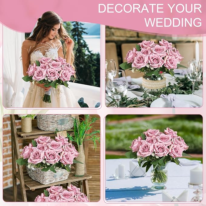 Artificial Roses Flower Dusty Rose Flowers - 8 Bundles Rose Bouquet Fake Silk Flowers Realistic Faux Florals Bulk for Wedding Bridal Party Baby Shower Arrangements Centerpieces Home Decorations