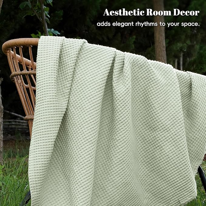 PHF 100% Cotton Waffle Weave Blanket Queen Size for Bed,Snag Proof Lightweight Breathable Moisture-Wicking Throw for Couch,Great for Layering in Cold Weather,Machine Washable, Home Decor-Sage Green