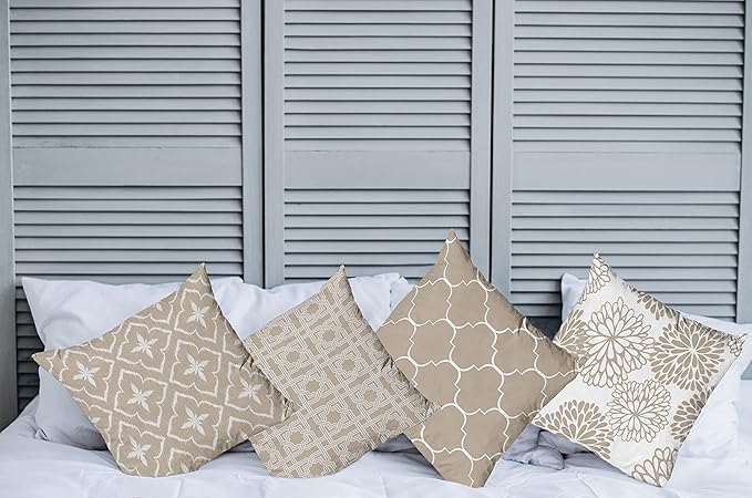 Ambesonne Vintage Throw Pillow Cushion Case Pack of 4, Monochrome Design Grid Trellis Quatrefoil Mesh and Dahlia Flowers Modern Print, Modern Accent Double-Sided Digital Printing, 18", Tan and White
