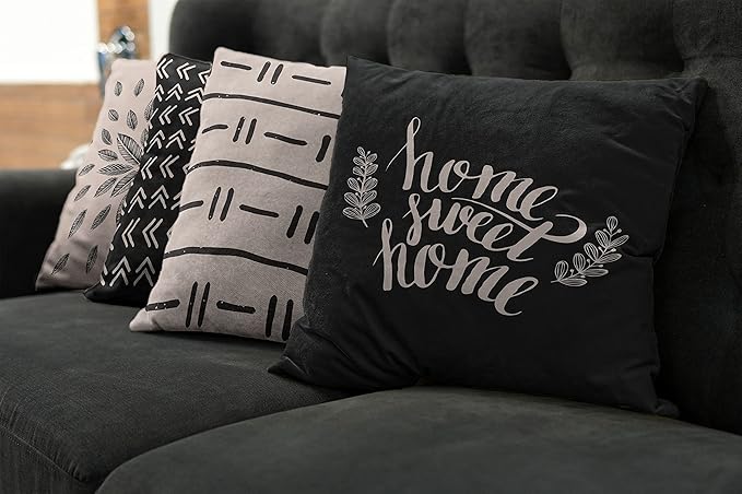 Ambesonne Modern Throw Pillow Cushion Case Pack of 4, Scandinavian Minimal Ornaments Boho Feather Leaves and Home Phrase, Modern Accent Double-Sided Digital Printing, 18", Pale Tan and Charcoal Grey