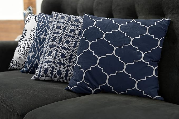 Ambesonne Vintage Throw Pillow Cushion Case Pack of 4, Quatrefoil Mesh Medieval Lattice Ornaments Ethnic Motive and Dahlia Flowers, Modern Accent Double-Sided Digital Printing, 16", Night Blue White