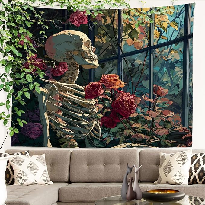 Batmerry Skeleton Roses Greenhouse Tapestry, Skeleton Roses Glass Flowers Wall Art Hanging Decoration Polyester Fiber White Ruffled Around for Dorm Room Bedroom Living Room, 59.1x82.7 inches