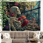 Batmerry Skeleton Roses Greenhouse Tapestry, Skeleton Roses Glass Flowers Wall Art Hanging Decoration Polyester Fiber White Ruffled Around for Dorm Room Bedroom Living Room, 51.2x59.1 inches