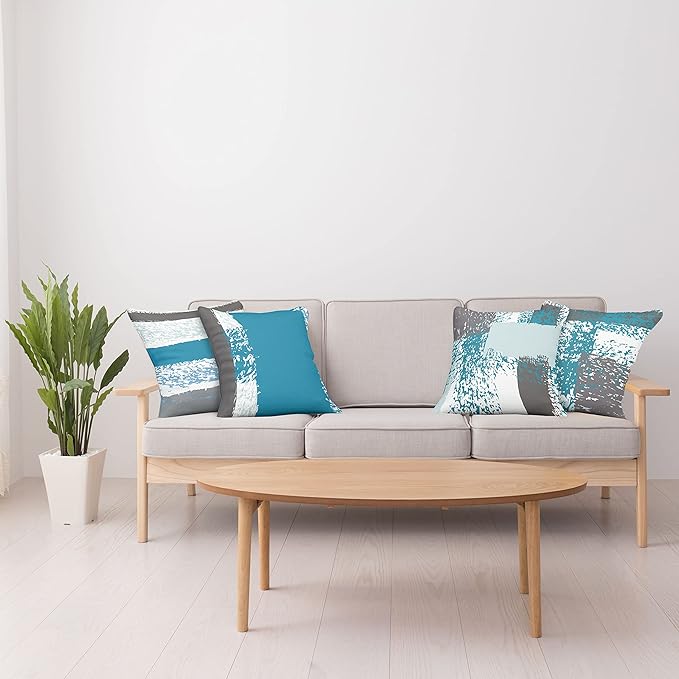 Ambesonne Grunge Throw Pillow Cushion Case Pack of 4, Abstract Design Simplistic Minimal Stripes Brushstrokes Contemporary, Modern Accent Double-Sided Digital Printing, 20", Sea Blue Grey and White