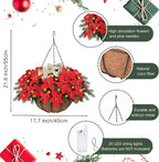Florielle Artificial Fake Christmas Hanging Flowers Plants Basket with LED Lights, Faux Poinsettia, Pine Branches, for Outdoor New Year Xmas Decoration, Porch Home Holiday Decor (Green)