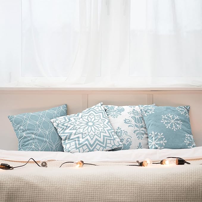 Ambesonne Retro Throw Pillow Cushion Case Pack of 4, Trellis Grid Medieval Floral Damask Mandala Flower Ornament in Modern Monochrome, Modern Accent Double-Sided Digital Printing, 20", Pale Blue Grey