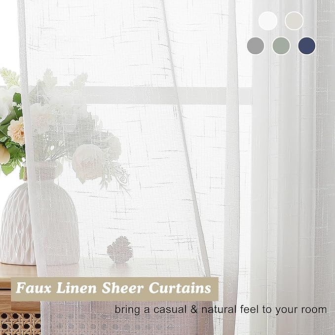 Aiyufeng Kirei Linen White Sheer Curtains - 2 Pieces, Elegant, Natural Light Flow, Rich Quality Material, Highly Durable Window Curtain Panels for Bedroom/Living Room (40" W x 63" L, Pure White)