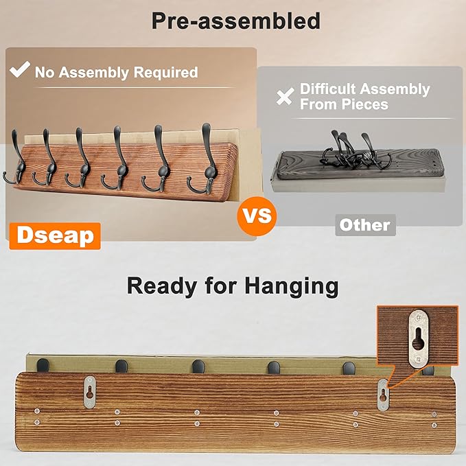 Dseap Coat Rack Wall Mounted - 24" Long 6 Tri Hooks, Heavy Duty Wooden Wall Coat Hanger Coat Hook for Clothes Hat Jacket Clothing, Black, Pack of 2