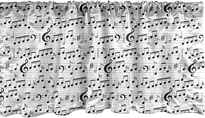Ambesonne Music Window Valance Pack of 2, Abstract Style Professional Pattern Notes and Clef Sheet Play Writing Print, Rod Pocket Curtain Valances for Kitchen Bedroom, 54" X 12", Black White