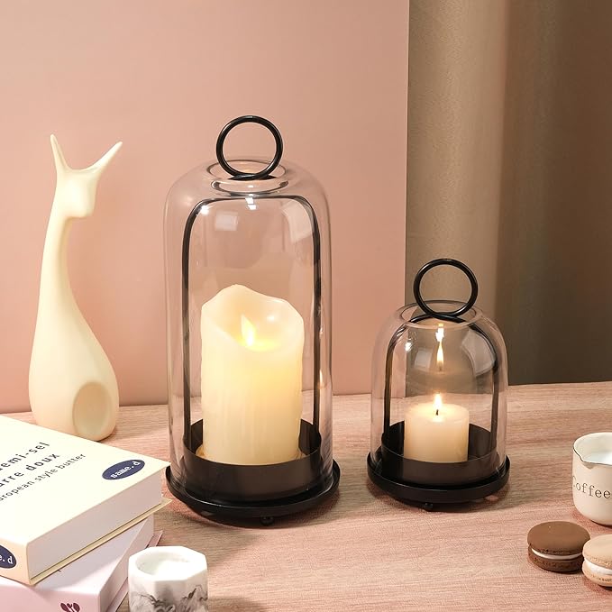 5" & 4" Wide Versatile Metal Candle Holder in Black with Handmade Thick, Heavy & Sturdy Glass Dome for Pillar Candle, Industrial, Modern, Shelf, Mantel, Veranda, Porch (2, Black, Large & Small)