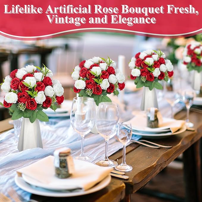 Zeyune 8 Pack 12 Inch Wedding Bouquets for Bride Bridesmaid Red and White Artificial Rose Bouquet Fake Silk Roses Flowers Bunches Bulk for Home Office Garden Parties Decoration