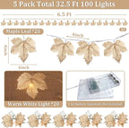 5 Pack Thanksgiving Garland with Lights Maple Leaf String Lights - Total 32.5 Ft Fall Leaf Garland String Lights with 100LED Battery Operated Decor for Fireplace Thanksgiving Table Decorations Indoor