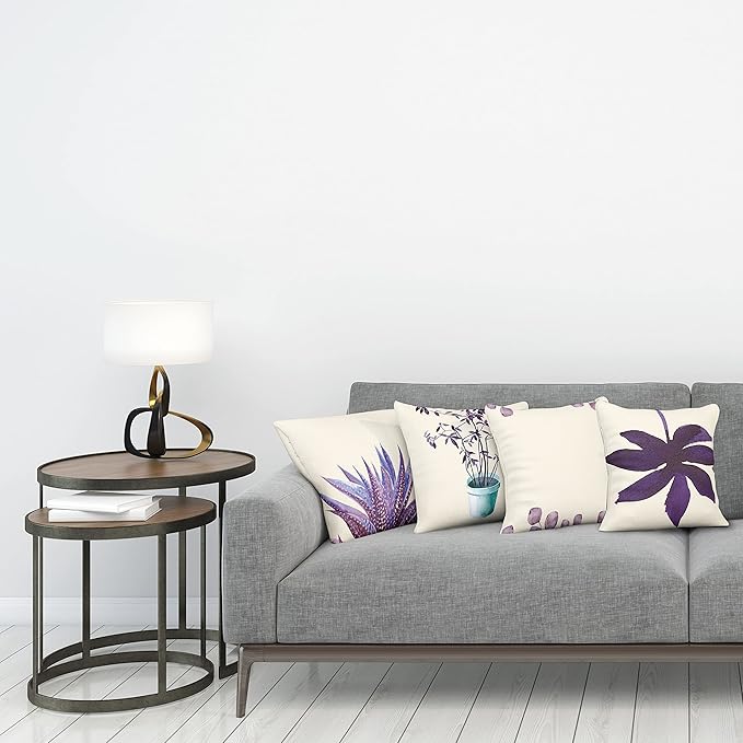 Ambesonne Botanical Throw Pillow Cushion Case Pack of 4, Minimalist Watercolor Painting Leaves Agave Branches Plant in a Pot, Modern Accent Double-Sided Digital Printing, 16", Quartz and Lavender