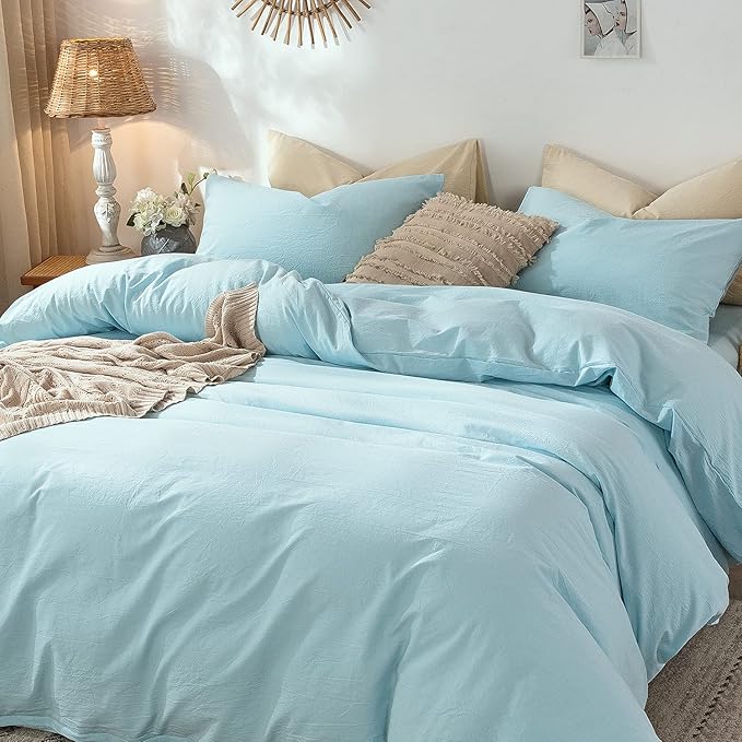 MooMee Bedding Duvet Cover Set 100% Washed Cotton Linen Like Textured Breathable Durable Soft Comfy (Heathered Light Blue, King 104"x90")
