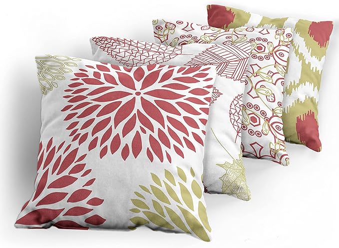 Ambesonne Vintage Throw Pillow Cushion Case Pack of 4, Bohemian Ornamental Leaves Dahlia Pattern Geometric Art Curlicue Motif, Modern Accent Double-Sided Digital Printing, 20", Dark Pink and Khaki