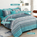 Cottolester Boho Queen Comforter Set 8 Pieces, Teal Comforter Bohemian Striped Bed in A Bag,Soft Microfiber Bedding Set for All Seasons