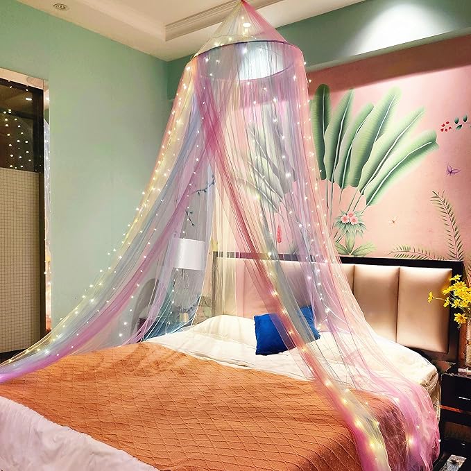Eimilaly Princess Rainbow Bed Canopy with 250pcs Warm White Curtain Lights, Bed Canopy for Girls Room Decor or Unicorn Theme Party