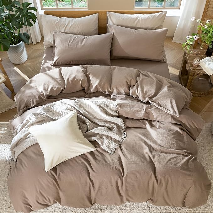 MooMee Bedding Duvet Cover Set 100% Washed Cotton Linen Like Textured Breathable Durable Soft Comfy (Solid Brown, Alaska King 132"x120")