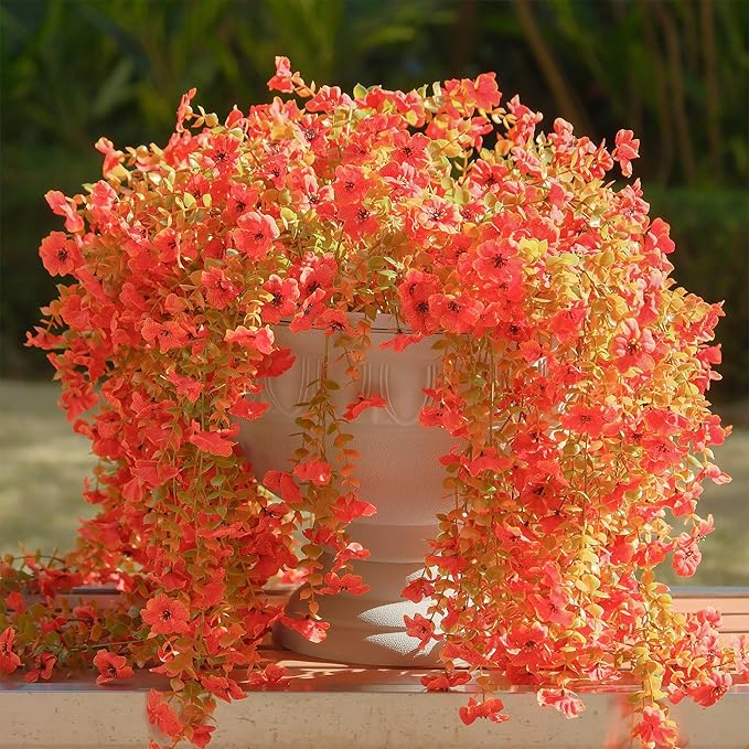 6 Pcs Artificial Hanging Mums Flowers Outdoor, Orange UV Resistant Fake Hanging Fall Plants for Outdoor Planter Patio Front Door Window Autumn Decoration (6, Orange)