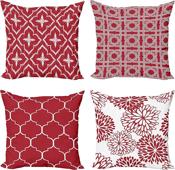 Ambesonne Vintage Throw Pillow Cushion Case Pack of 4, Monochrome Design Grid Trellis Quatrefoil Mesh and Dahlia Flowers Modern Print, Modern Accent Double-Sided Digital Printing, 18", Ruby and White