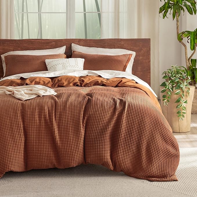 Bedsure Cooling Waffle Duvet Cover King - Cotton Blend Rayon Derived from Bamboo Duvet Cover Set for Hot Sleepers, Breathable Bedding Set with a Vintage Charm, 3 Pieces (Burnt Orange, King, 104"x90")
