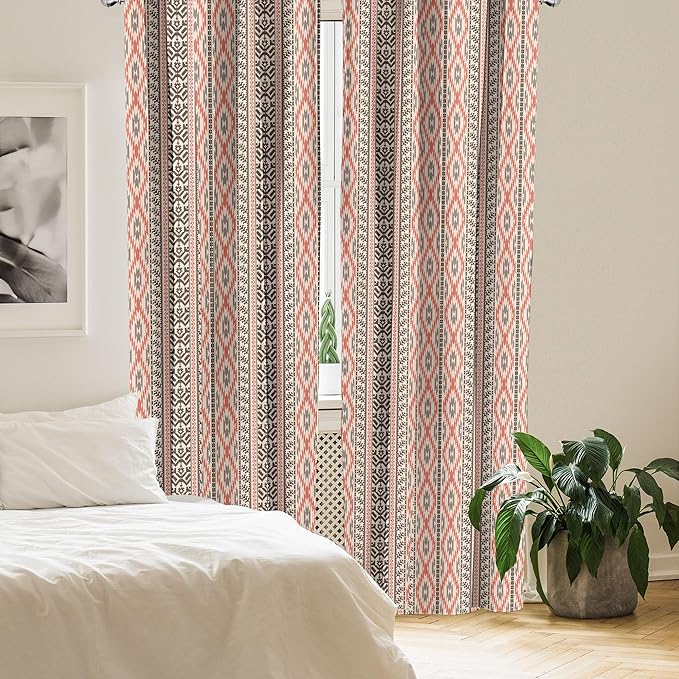 Ambesonne Southwestern Window Curtains Pack of 2, Traditional Vertical Borders Inspired by Prehistoric Art Ikat Style, Lightweight Set with Rod Pocket, 4 Panels of - 28" x 63", Brown Coral