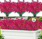 Lnoicy 24 Pcs Artificial Flowers for Outdoor,Plastic Flowers Decoration, UV Resistant Faux Flowers Shrubs, Artificial Plants for Indoor Outside Garden Home Wedding Farmhouse(Rose Red)