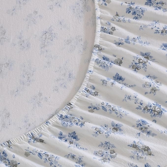 Laura Ashley - Flannel Sheets Full Size, Anti-Pilling & Wrinkle Resistant Cotton, Touchably Soft for All-Season Comfort - Bed Sheets with Matching Pillowcases & Fitted Sheet (Audrey Blue)