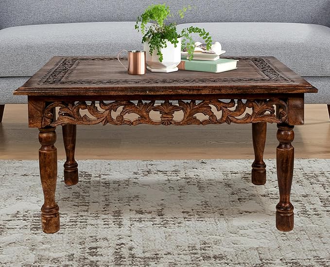 Rectangular Wooden Coffee Table Cutwork Jali Carving, Farmhouse Coffee Table, Rustic Center Table, Mid Century, Rustic and Modern Style Living Room Furniture - 36x24x18 Inch Burnt