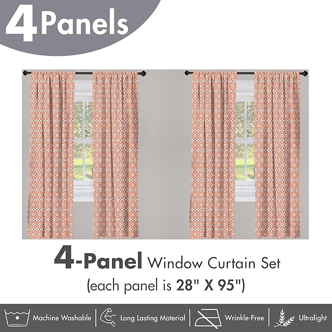Ambesonne Scandinavian Window Curtains Pack of 2, Flower Like Motifs Folk Art in Tangerine Tones, Lightweight Set with Rod Pocket, 4 Panels of - 28" x 95", Sienna Sky