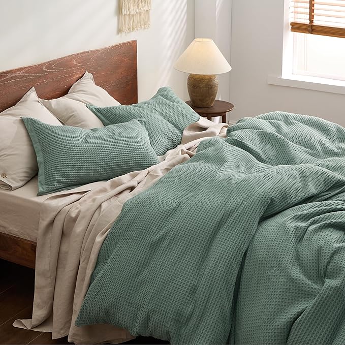 Bedsure Cotton Duvet Cover King - 100% Cotton Waffle Weave Green Duvet Cover King Size, GentleSoft™ and Breathable Bedding for All Season, 3 Pieces, 104"x90"