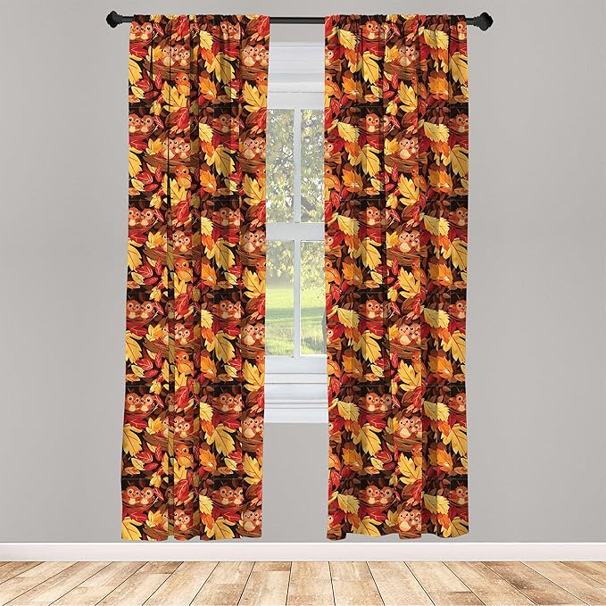 Ambesonne Fall Curtains, Happy Autumnal Colors with Birds in Nests Cartoon Illustration Print, Window Treatments 2 Panel Set for Living Room Bedroom, Pair of - 28" x 63", Cinnamon Amber and Orange