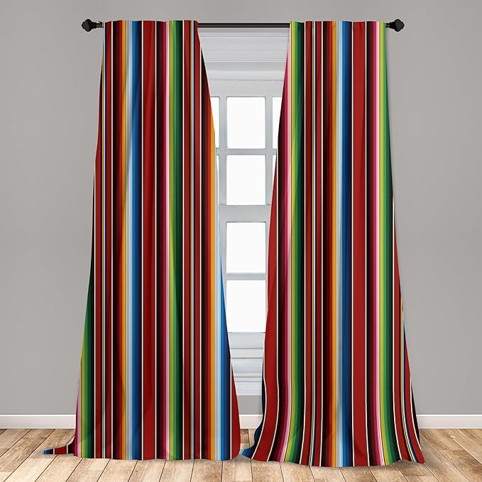 Ambesonne Cinco de Mayo Window Curtains Pack of 2, Mexican Serape Colorful Stripes Vertical Lines Latino Design Illustration, Lightweight Set with Rod Pocket, 4 Panels of - 28" x 95", Burgundy Blue