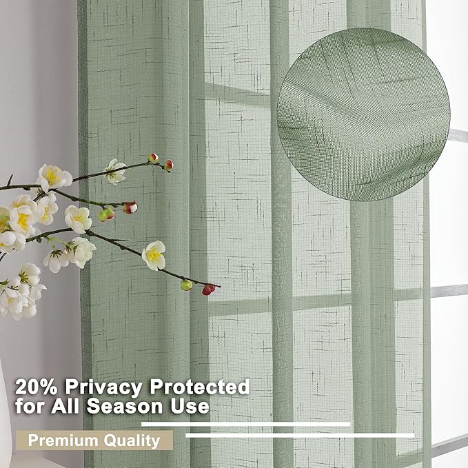 Aiyufeng Faux Sage Green Sheer Curtains 54 Inch Length 2 Panel Set, Fresh Farmhouse 54 Inch Long Sheer Linen Look Airy & Lightweight Elegant Window Treatments for Bedroom/Kitchen, 30Wx54L inch