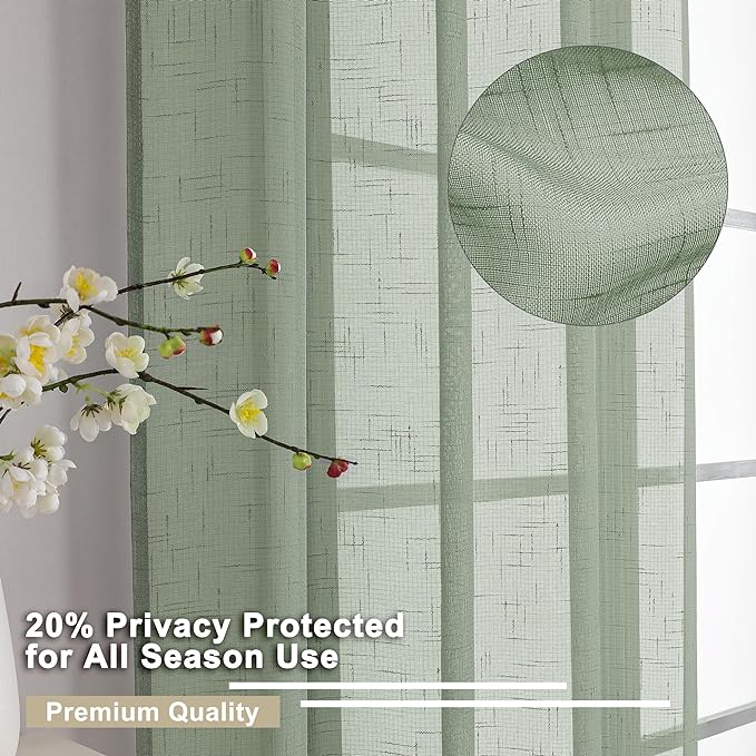 Aiyufeng Kirei Sage Green Linen Sheer Curtains 63 inch Length - Premium Flax Linen Material Soft Semi Sheer Half Privacy Protected for Livingroom, Bedroom, Farmhouse, W 40 x L 63 inch, 2 Panels