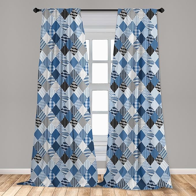 Ambesonne Geometric Window Curtains, Geometrical Diamond Shaped Lines with Various Nostalgic Fashioned Old Pattern, Decorative Panels Set of 2 with Rod Pocket, Pair of - 28" x 84", Black Blue
