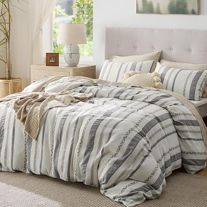 Bedsure Waffle Weave Duvet Cover King - 100% Cotton Boho Duvet Cover with 2 Pillowcases - Cream White Textured Comforter Cover with Zipper Closure (King, 104"x90")