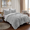 Queen Luxury Faux Fur Comforter Set - Soft & Breathable 7-Piece Bedding Collection - 1 Comforter, 1 Fitted Sheet, 1 Flat, 2 Pillowcases, 2 Pillow Shams - Deep Pocket - Premium Quality, Silver