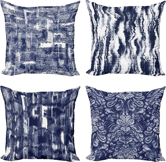 Ambesonne Vintage Throw Pillow Cushion Case Pack of 4, Abstract Grunge Effect Brushstrokes and Waving Striping Stains Paisley Drops, Modern Accent Double-Sided Digital Printing, 16", Violet Blue White