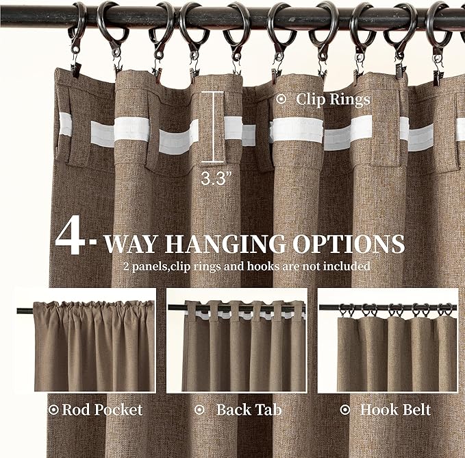 KangBang Linen Brown Blackout Curtains 96 Inches Long 2 Panel Set, Back Tab Thermal Insulated Curtains for Bedroom Living Room Hook Belt Rustic Drapes with Hooks for Track(Desert Biscuit, 52x96)
