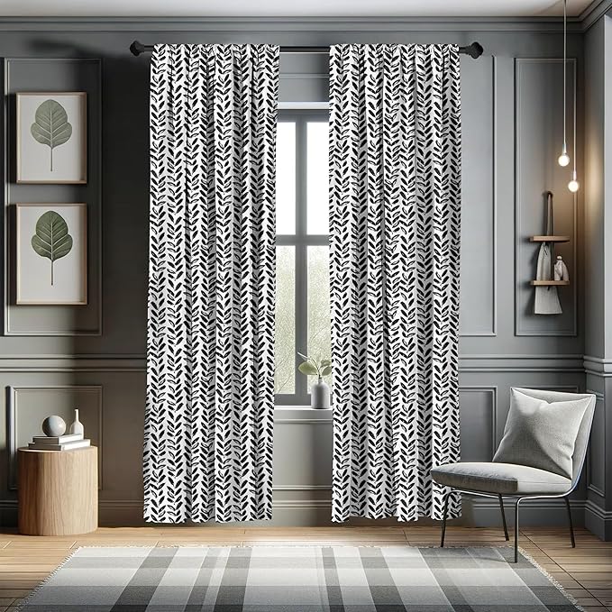 Ambesonne Black and White Window Curtains, Modern Grunge Botany Motif Monochrome Brush Paint Style Strokes, Lightweight Decor 2-Panel Set with Rod Pocket, Pair of - 28" x 84", White and Black