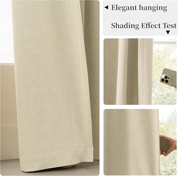 KangBang 72 Inch Wide Blackout Curtains 96 Inches Long, Faux Linen Sliding Door Curtains for Large Windows Modern Farmhouse Thermal Drapes for Living Room 2 Panels, Natural Beige