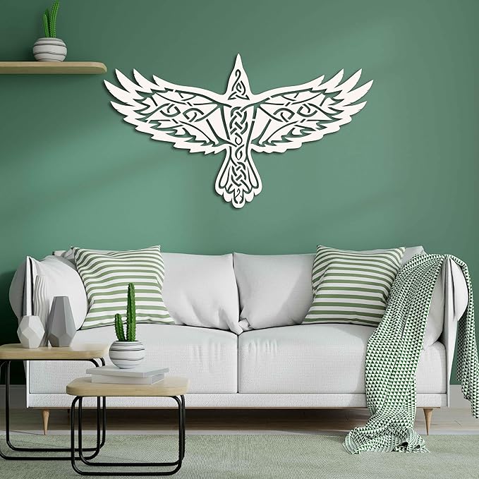 KAWA METALWORKS Nordic Viking Raven Metal Wall Art Decor, Norse Mythology Sculpture, Odin's Raven Wall Decor (White, Large - 20.4" x 36" H x W)