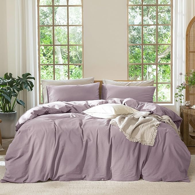 MooMee Bedding Duvet Cover Set 100% Washed Cotton Linen Like Textured Breathable Durable Soft Comfy (Solid Taro Purple, Super Queen 90"x98")